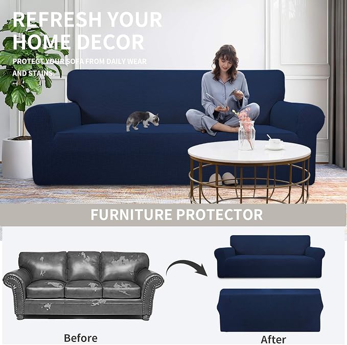 Easy-Going Stretch Oversized Loveseat Couch Covers Washable Navy | 1-Piece Large Loveseat Cover for 2 Cushion Couch Furniture Protector RV Sofa Slipcover Soft with Bottom for Kids Pets - Image 4