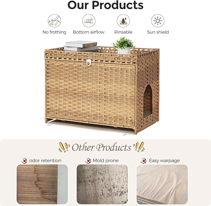 Cat Litter Box Enclosure with Door, Hidden Cat Washroom Furniture | Handwoven PP Wicker; Soft Litter Mat Included; Spacious Interior; Furniture-Style Design; Indoor Home Décor - Image 6