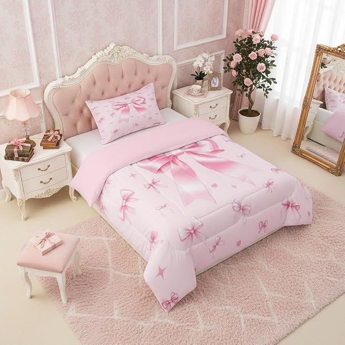 Manfei Pink Bowknot Comforter Set for Kids,Preppy Trendy Kawaii Princess Bedding Set Teens Boys Room Decor,Cute Ribbon Bow Tie Comforter with 1 Pillowcase for All Seasons,Twin - Image 2