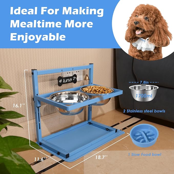 SHAINFUN Blue Raised Dog Bowl Stand with Two 1700ml Stainless Steel Food Bowl, a Slow Feeder and Spill Proof Mat, Adjustable Elevated Dog Bowls for Large Medium and Small Breeds - Image 3
