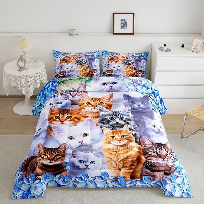 Feelyou Kids Cute Cat Comforter Cartoon Pet Cats Bedding Set for Children Boys Girls Cute Kitten Print Comforter Set Cat Lover's Animal Themed Design Quilt Set Bedroom Collection 2Pcs Twin Size by Feelyou
