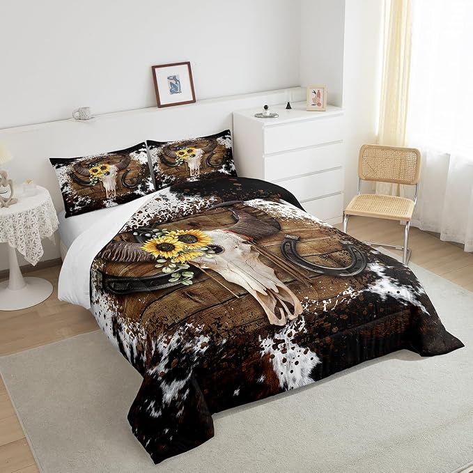 Cow Skull Kids Comforter Set Twin Size,Cow Fur Wooden Plank Farmhouse Bedding for Boys Girls Men Room Decor,Cowboy Horseshoe Sunflower Down Comforter,White Brown Rustic Duvet Insert,1 Pillowcase - Image 4