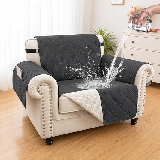 100% Waterproof Couch Cover for Dogs, Anti-Slip Washable Sofa Cover with Elastic Straps & Side Pockets, Durable Furniture Protector for Kids, Pets & Dogs (Armchair 23", Blackish Gray) by Unknown