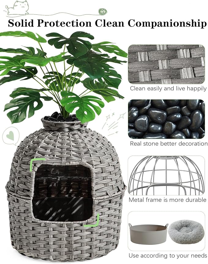 SETVSON Cat Litter Box Plant Enclosure, Hidden PE Rattan Litter Box, Gray | Decorative Planter Design, Handwoven Washable PE Rattan, Removable Top with Artificial Plant & Stones Included, Easy Cleaning - Image 3