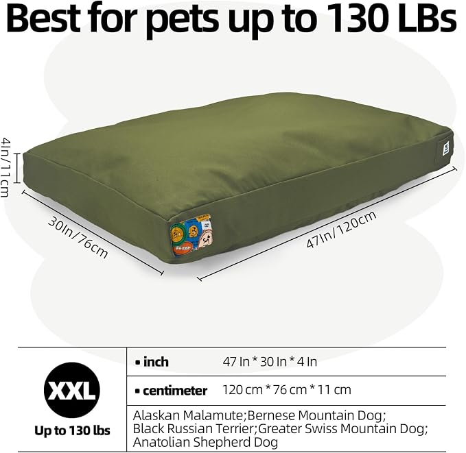Sytopia 47 Inch Canvas Outdoor Dog Bed for XXL Dogs, Durable Dog Bed with Waterproof Machine Washable Removable Cover, Indoor Patio Pet Pad for Crate, Green - Image 6