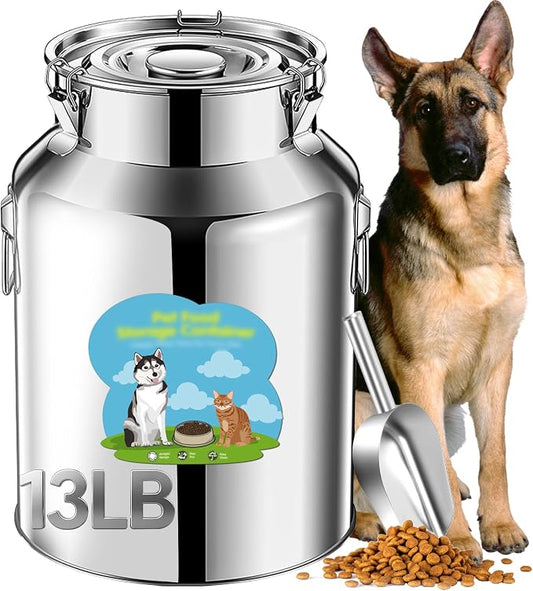 Newget 13lb Stainless Steel Dog Food Storage Container, Metal Pet Storage Container with Airtight Hangable Lid to Keep Food Fresh, Large Cat Food Storage Container with Scoop to Easily Clean by Newget