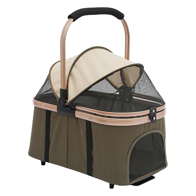 Double Dog Stroller with 4 Wheels, Foldable 3-in-1 Cat Pet Stroller with 2 Detachable Carriers,Reversible Handle, Steel Frame, Safety Belt for Small Medium Dogs Cats(Dark Green)