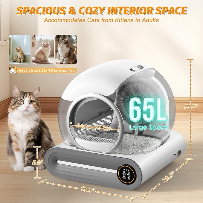 Self Cleaning Cat Litter Box, 65L+ 9 L Extra Large Robot Automatic Litter Box for Multiple Cats, APP Control, Deodorization with 1 Odor Eliminator, 3 Rolls Litters Bags - Image 2