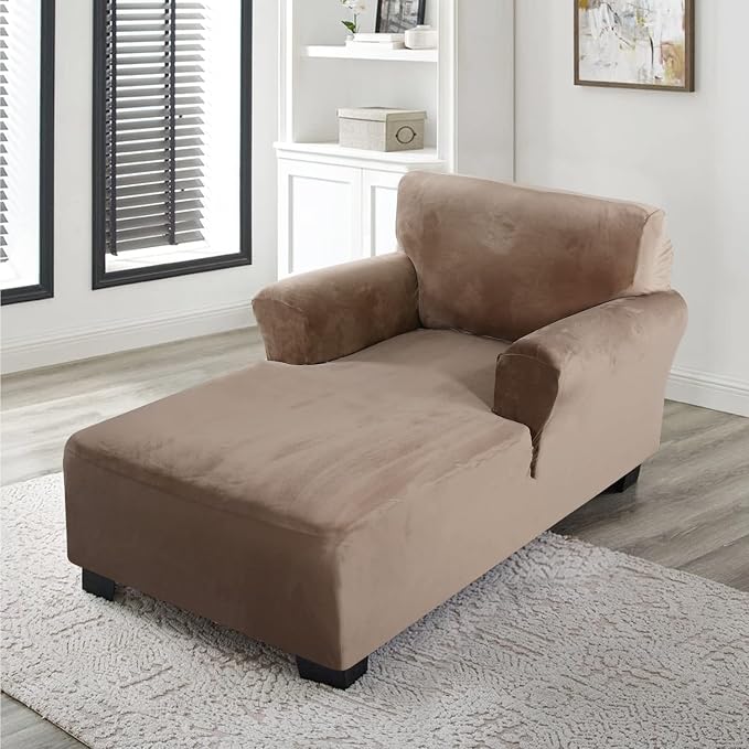 FantasDecor Velvet Chaise Lounge Cover Stretch Double Arm Chair Slipcover for Living Room Bedroom Soft Plush Fabric Machine Washable, Taupe - Image 3