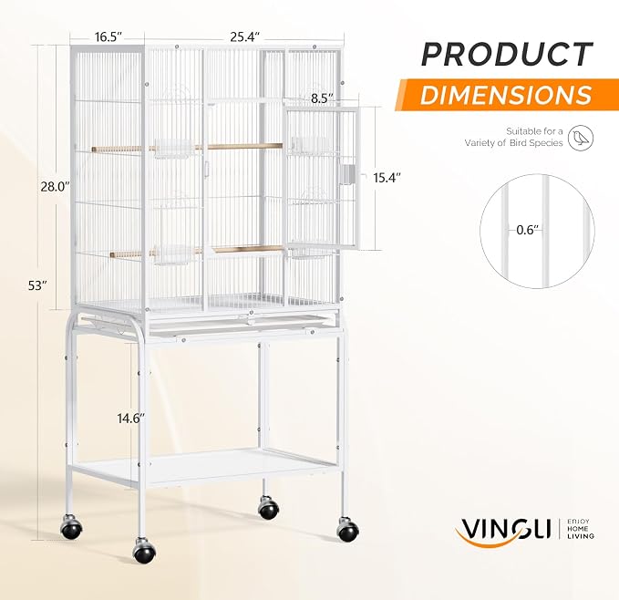 VINGLI 53-inch Bird Cage with Wheels, Durable Wrought Iron Parakeet Cage with Slide Out Tray, Black Bird Cages for Parakeets/Lovebird/Cockatiels/Budgies and Other Small/Medium Birds (White, 53 inch) - Image 5