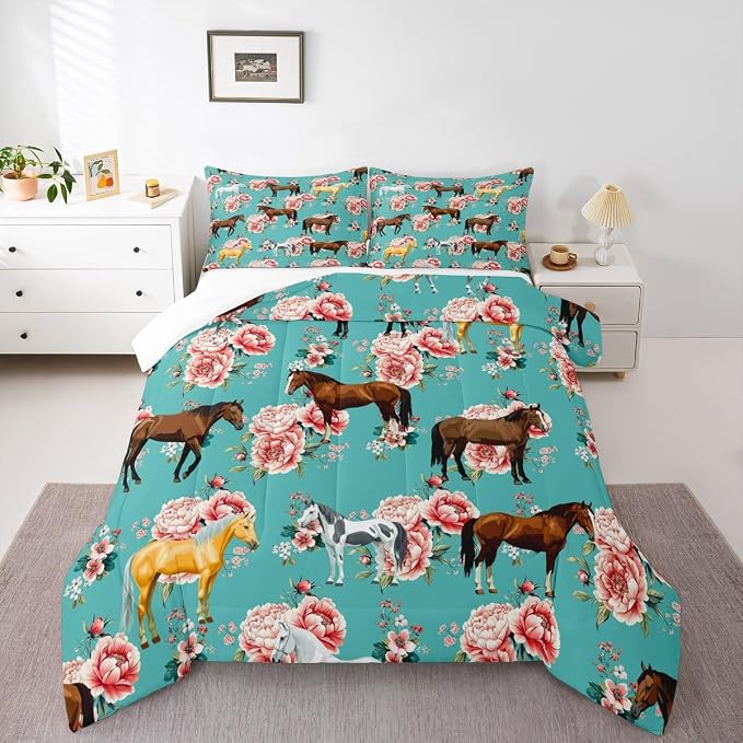 Horse Bedding Set Queen Chic Retro Blossom Comforter Set For Kids Girls Teens Galloping Horse Comforter Romantic Aesthetic Style 3D Wild Farm Animal Duvet Set Bedroom Decor Quilt Set, Green Pink - Image 2