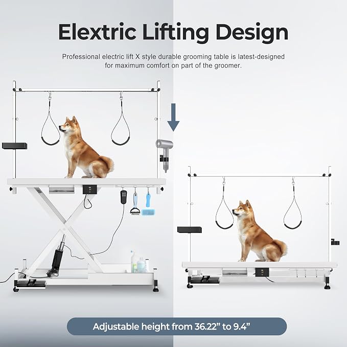 Electric Lift Pet Dog Grooming Table, Upgrade 50 Inch Heavy Duty 9'' -36'' Adjustable Height Professional Pet Grooming Table with Tool Organizer, Adjustable Overhead Arm for Large Dogs at Home, White - Image 4