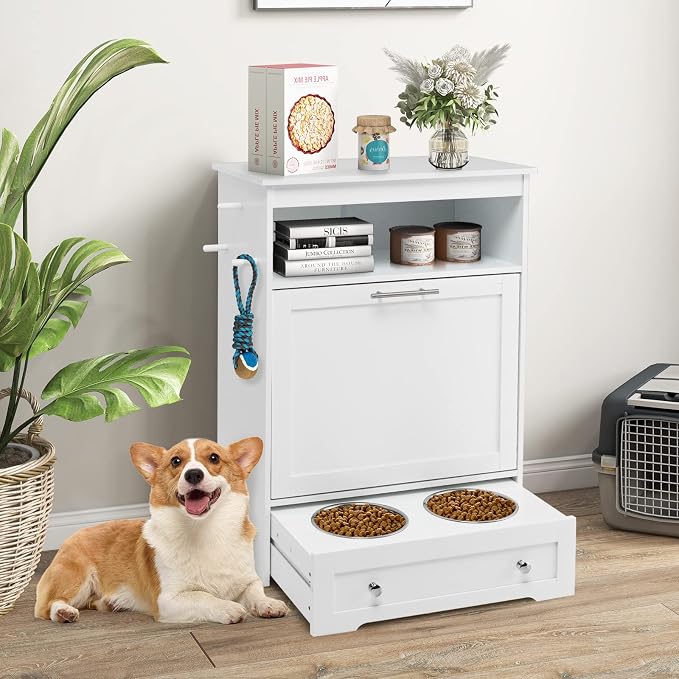 Dog Feeding Station Dogs Food Storage Cabinet Pet Feeder Container with 2 Thick 50oz Stainless Steel Raised Dog Food and Water Bowls, Pet Supply Organizer with Pet Toy Hangers, White - Image 2