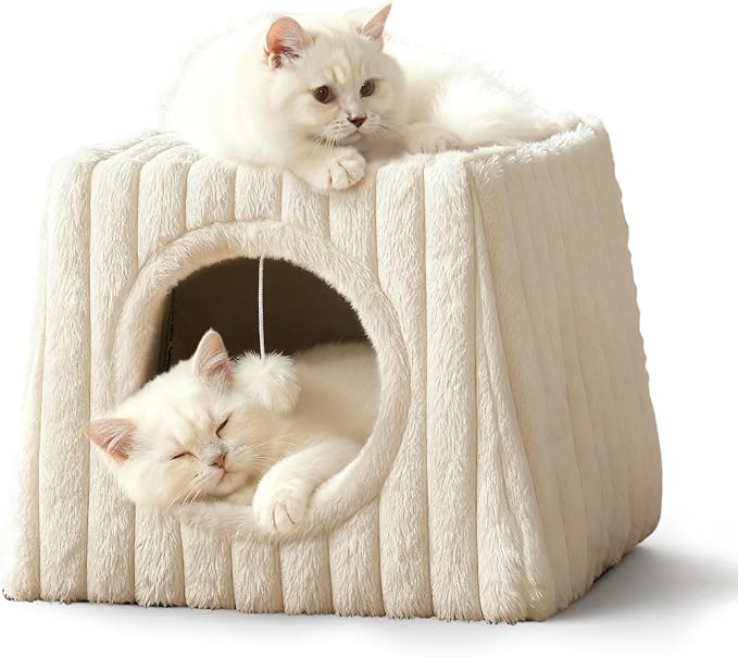 Dogpals Indoor Cat House - Large Cat Cave Bed with Fluffy Balls, Foldable Cat Bed Cave and Apartment with Pads, Suitable for Multiple Small and Large Cats, 18.5x15.4x15.4inches (White, XL) by Unknown