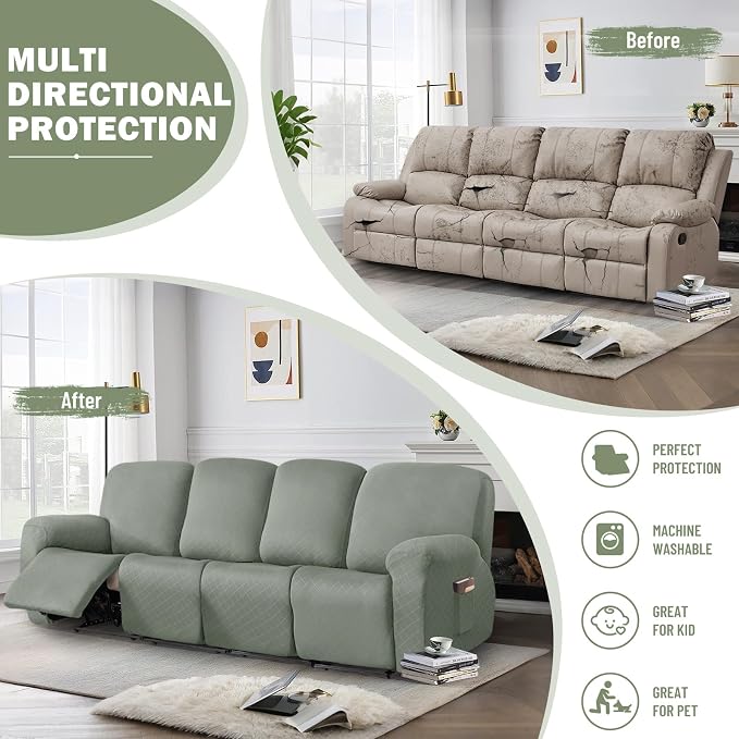vctops Diamond Recliner Sofa Covers 10-Pieces Stretch Large RV Couch Covers for 4 Seats Reclining Slipcovers Soft Solid Furniture Protector (Greyish Green,4 Seat) - Image 5