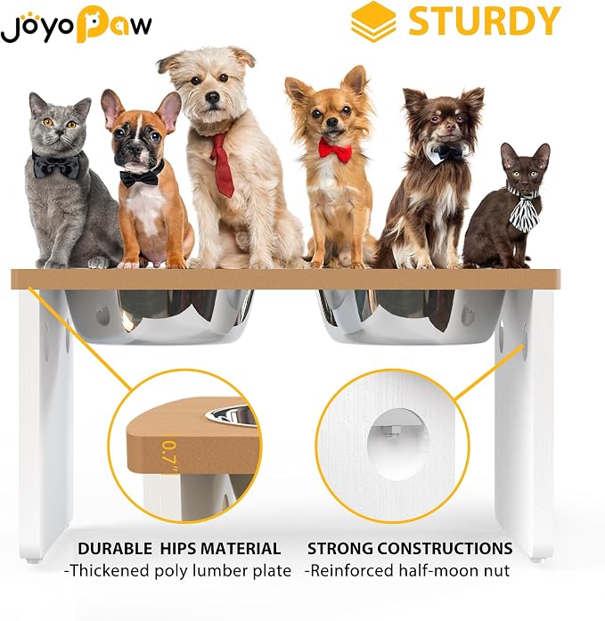 Elevated Dog Bowls, Waterproof Raised Dog Bowl for Medium & Large Dogs, HIPS Poly Lumber Stand with 2 Stainless Steel Bowls, Indoor & Outdoor Use (10'' Tall–48 oz Bowl, Teak-White) - Image 4
