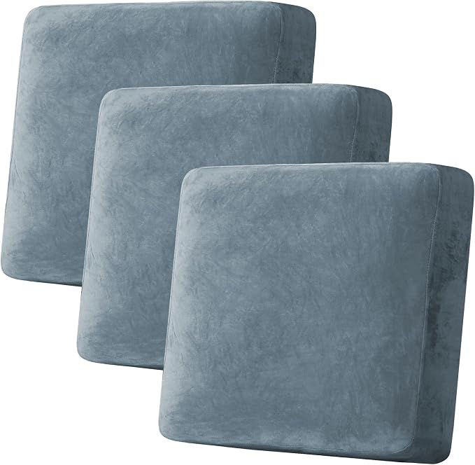 H.VERSAILTEX Velvet Stretch Couch Cushion Cover Plush Cushion Slipcover for Chair Loveseat Sofa Cushion Furniture Protector Seat Cushion Sofa Cover (3 Piece XL Sofa Cushion Covers, Stone Blue) by HVERSAILTEX