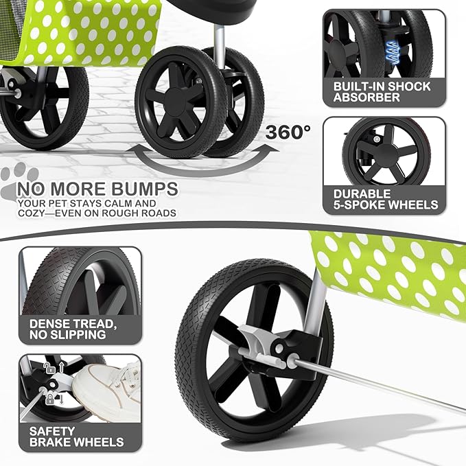 MoNiBloom 3 Wheels Pet Dog Cat Stroller for Small Medium Dogs Cats, Foldable Jogger Stroller w/Storage Basket and Cup Holder, Lawn Green Polka Dots