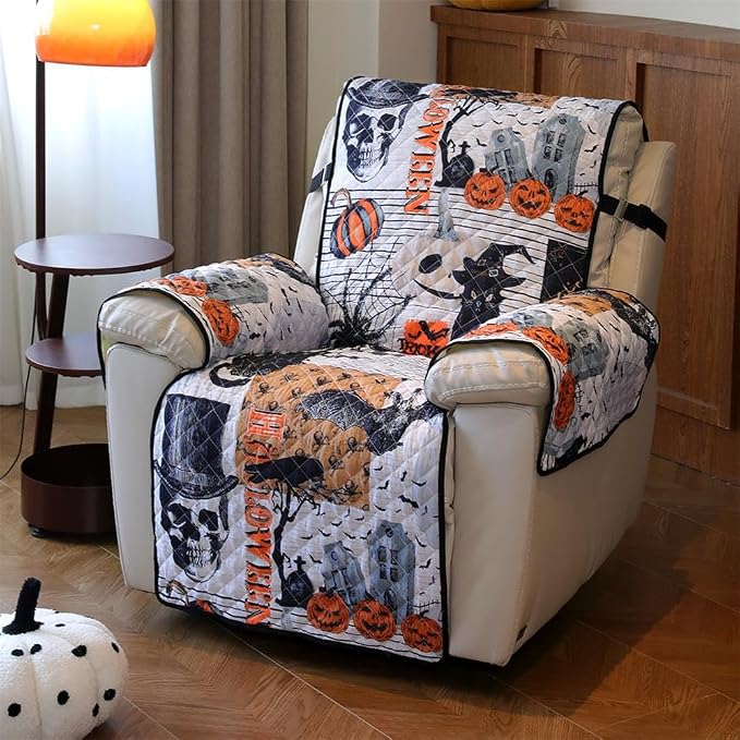 Cmfshape Halloween Skidproof Sofa Cover-Festival Sofa Slipcover with Elastic Straps-Easy Fit Slip Cover-Patchwork Washable Furniture Protector for Pets and Kids(Recliner,Black&Orange) - Image 3