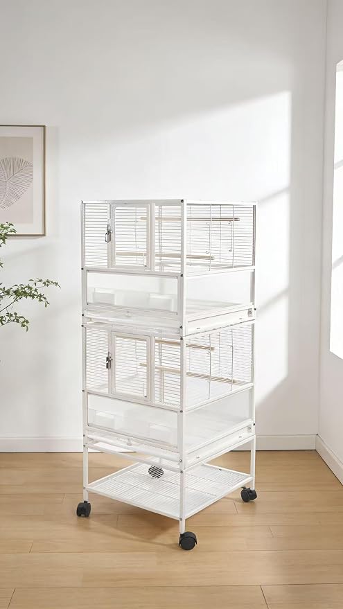 Stackable Breeding Bird Cage with Splash-Proof Baffle, Rolling Stand with Wheels, for Aviaries, Canaries, Cockatiels, Lovebirds, Finches, Budgies, Small Parrots, White. (2F) by Unknown