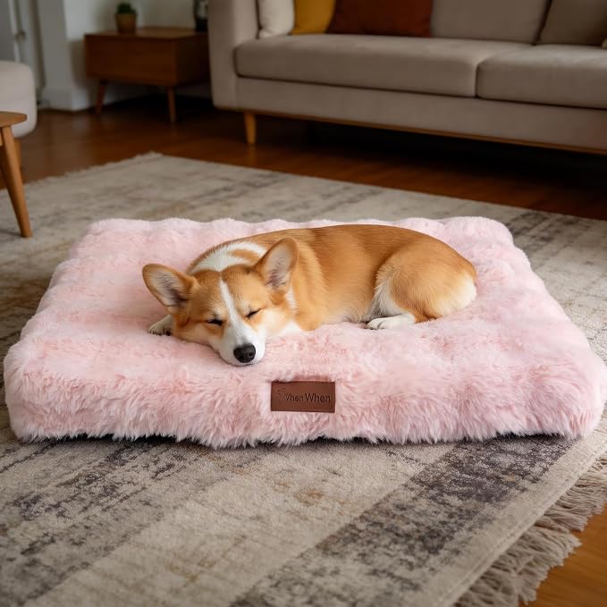 Orthopedic Dog Beds for Medium Dogs, Fluffy Faux Rabbit Fur Pet Bed with Removable Washable Cover, Dog Bed Mat with Egg Crate Foam & Waterproof Lining, Anti Slip Bottom, Pink,30"x20"x3" by VhenWhen