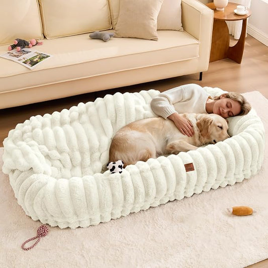 ChiXnuggle Orthopedic Human Dog Bed,Striped Faux Fur Washable Cover,Blanket | cream,72*40*10,giant dog bed for adult or extra large dogs,egg crate foam,non-slip bottom by SnuggleUpPawsDown