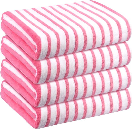 JML Microfiber Beach Towels, 4 Pack, 30" x 60", Stripe Pink White | Hanging Loop,Soft, Absorbent, Quick Dry, Lint-free, No Fading Bath Towel for Summer Swimming Pool Party by JML