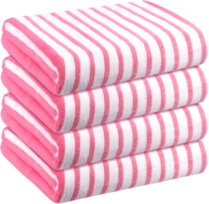 JML Microfiber Beach Towels, 4 Pack, 27" x 55", Stripe Pink | Soft, Super Absorbent, Fast Drying Bath Towel Set for Swimming, Pool, Summer Beach Party by JML