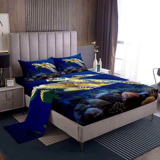 Erosebridal 3D Sea Turtle Bedding Set Blue King for Boys Kids Girl Ocean Beach Themed 4 Piece Sheet Set Children Teens Retro Tortoise Fitted Sheet Hawaiin Turtle Fish Print Flat Sheet for All Seasons by Erosebridal