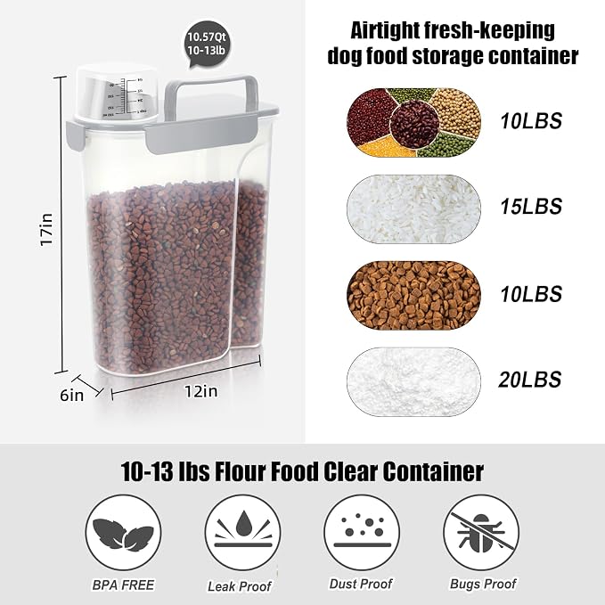 LEAWALK 10-13 Lbs Upgrade Capacity Dog Cat Food Storage Container, Pet Dog Treat Container, Airtight, Clear Bucket Body, With 2-Cup Scoop, Handle, Large Nozzle, 4-Safety Buckles, Easy to Clean, Gray - Image 3