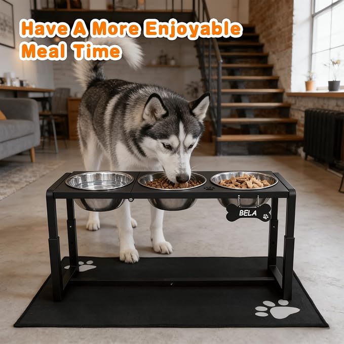 Metal Elevated Dog Bowls for Medium/Large Breed, 3 Adjustable Height(8.8''/11.5''/14'') Raised Dog Bowls Stand with Three 58oz Large Stainless Steel Dog Bowls, with The Splash pad - Image 3