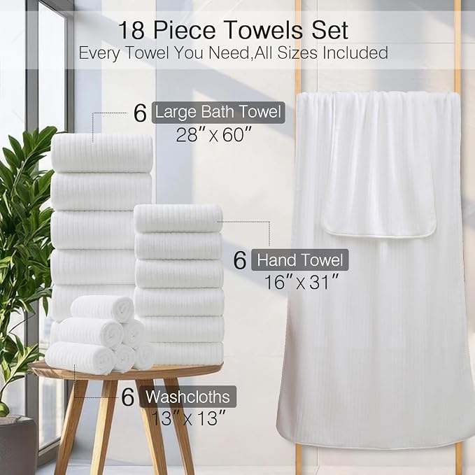 18 Piece Family Bath Towel Set Include 6 Bath Towels,6 Hand Towels and 6 Washcloths Soft Bathroom Towel with Hanging Loops,Highly Absorbent Quick Dry Towels Set for Bathroom,Hotel and Spa-White - Image 3