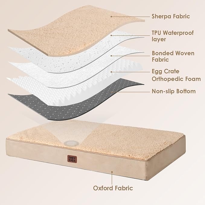 EHEYCIGA Orthopedic Dog Bed Large with Removable Washable Cover, 47IN Khaki | Egg Crate Foam Support, Durable Oxford fabric, Non-Slip Bottom, Machine Washable, Soft Waterproof Plush Pet Bed Mat For Crate - Image 4