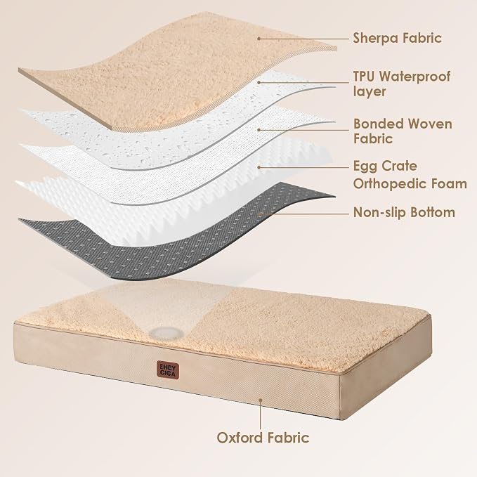 EHEYCIGA Orthopedic Dog Bed Large with Removable Washable Cover, 50IN Khaki | Egg Crate Foam Support, Durable Oxford fabric, Non-Slip Bottom, Machine Washable, Soft Waterproof Plush Pet Bed Mat For Crate - Image 4