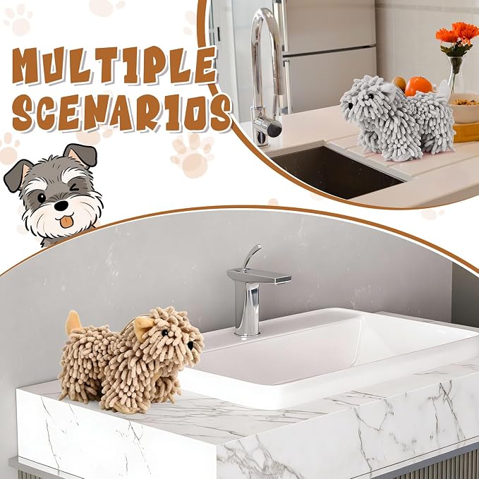 Tegeme 2 Pcs Chenille Dog Hand Towel Fuzzy Towel Absorbent Microfiber Soft for Bathroom Kitchen Washstand (Grey Brown,Standing Dog) - Image 7