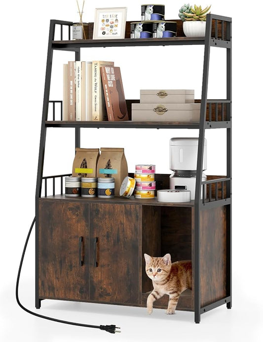 PETSITE Cat Litter Box Enclosure with Storage Shelves, 52 Inches Tall Hidden Litter Box with Charging Station, Scratching Board, and Winding Entry (Rustic Brown) by PETSITE
