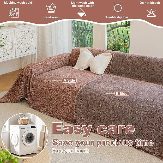 ROOMLIFE Pink Couch Cover for 3 Cushion Sofa, Chenille Sofa Couches Slipcover Sectional Sofas Covers with Tassel, Washable Soft Breathable Furniture Protector Cover for Living Room, 71 '' X 118'' - Image 5