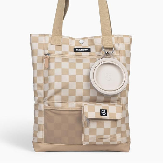 Cleverpup Park Pack 2-Piece Set Dog Gear Tote – Dog Travel Bag with 8 Pockets, Treat Pouch, Poop Bag Dispenser, Quick-Dry Ball Pocket, Collapsible Bowl, Perfect for Walks & Park Trips, Checkerboard by Cleverpup