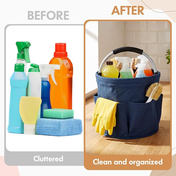 LemonRoad 4 Pack Cleaning Caddy with Handle 17L Foldable Cleaning Supplies Organizer Oxford Cloth Storage Basket with 6 Pockets Portable Multi Bucket Bag for Home Garden (Black,Beige,Navy Blue,Pink) - Image 5
