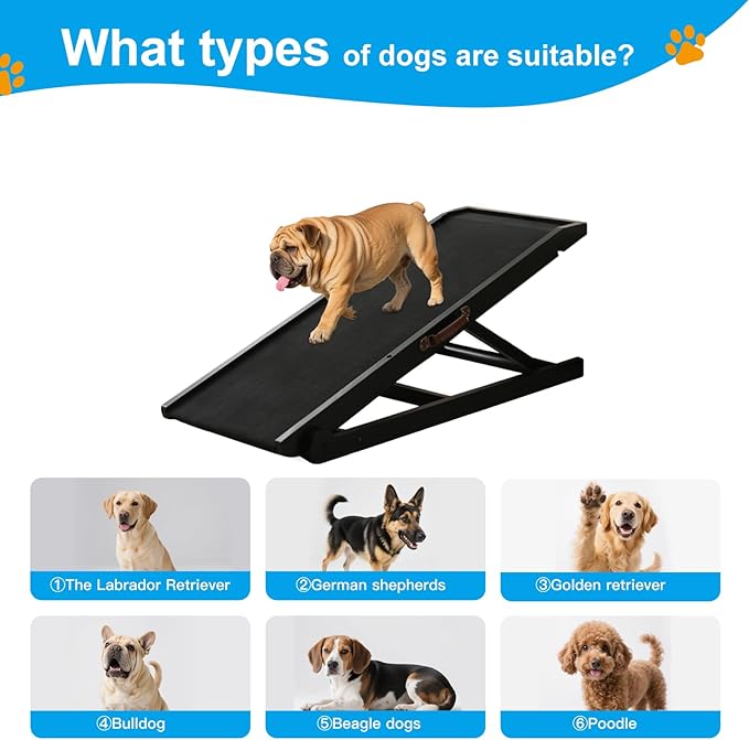 Dog Ramp for Bed and Couch- 5 Height Adjustable Premium Solid Wood Pet Ramp for Small, Medium Dogs, Collapsible Anti-Slip Dog Ramp for Sofa, Couch & Beds (Black, 115)