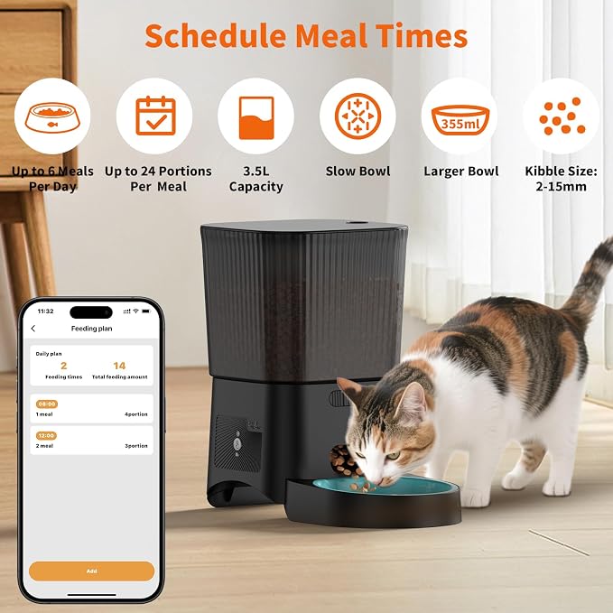 HoneyGuaridan Automatic Cat Feeder, 5G WiFi Cat Food Dispenser with App Control, Timed Feeder with Stainless Steel Bowl and Slow Bowl, Desiccant Bag - Image 2