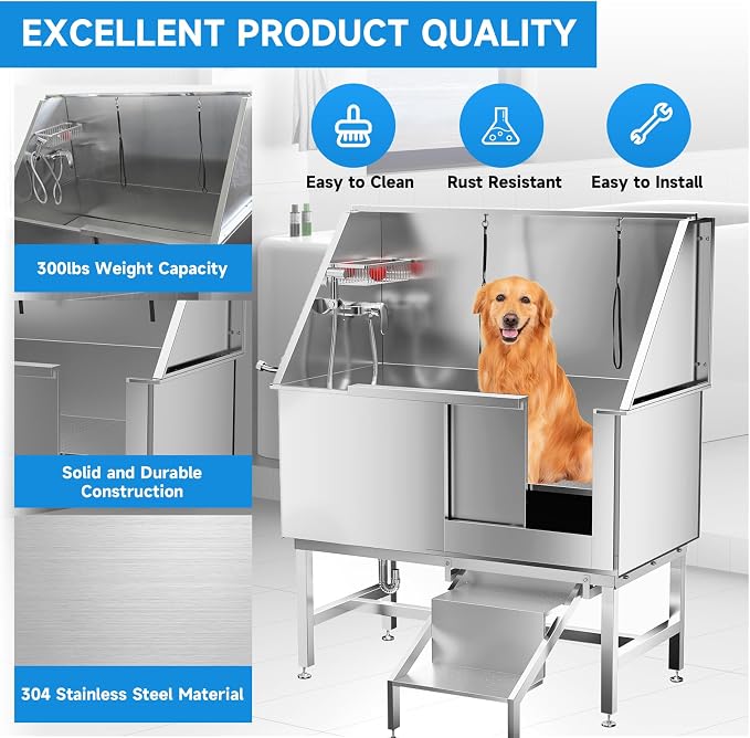 Dog Washing Station 50" Dog Grooming Tub with Right Stair& Faucet, Stainless Steel Dog Bathing Station for Home,Dog Bathtub for Large,Medium,Small Pets - Image 3