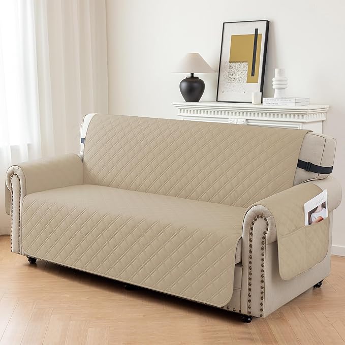 Waterproof Loveseat Covers for 2 Cushion Couch, Sofa Covers for Pets Washable with Side Pockets, Non Slip Couch Covers for Dogs, Dog Couch Cover with Elastic Straps (Loveseat, Khaki) - Image 2