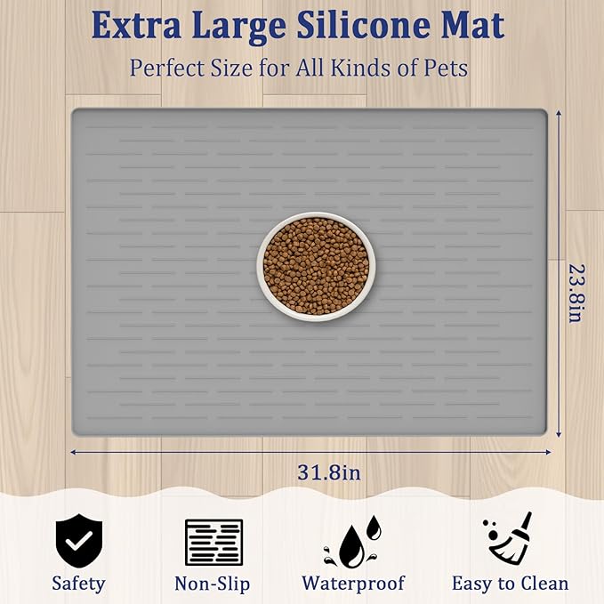 31.8"x23.8" Extra Large Pet Food Mat, Silicone Dog Mats for Food and Water, XL Nonslip Pet Feeding Mats for Floors,Dog Cat Bowl Mat with Raised Edges, Light Gray - Image 2