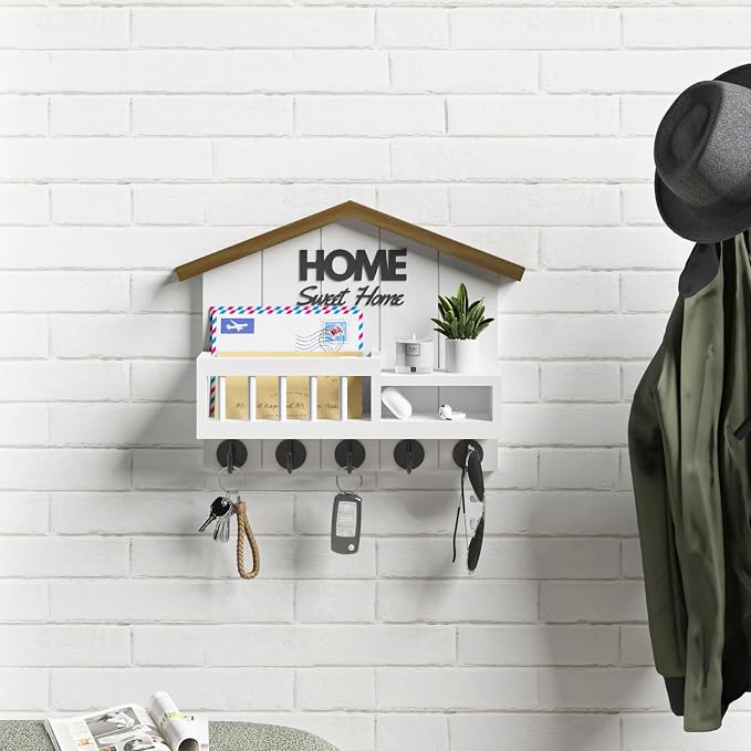Key and Mail Holder for Wall, Wall Key Holder with Shelf, Key Rack Wall Mount, Wood Key Holder Wall Mount White, Mail Organizer Wall Mounted, Entryway & Front Door Key Holder with 5 Hooks - Image 2