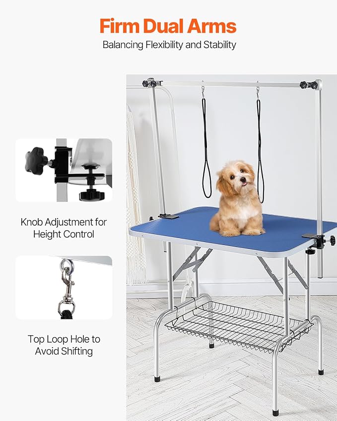 VEVOR Pet Grooming Table, 36 x 24 Inch with 2 Height Adjustable Arms, 330LBS Static Weight Capacity, Foldable Dog Groom Station with No-Sit Haunch Holder with Grooming Loop, for Medium and Small Dogs - Image 4