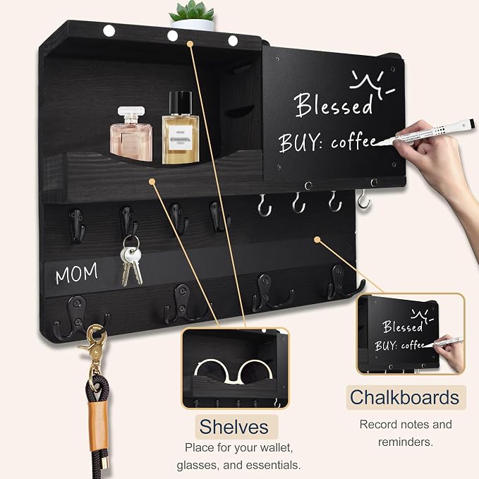 Key Holder for Wall Mount with Shelf and Mail Organizer, Key and Mail Holder with 16 Hooks, Farmhouse Entryway Organizer, Home Decor Rack (Pine Wood, Black) - Image 4