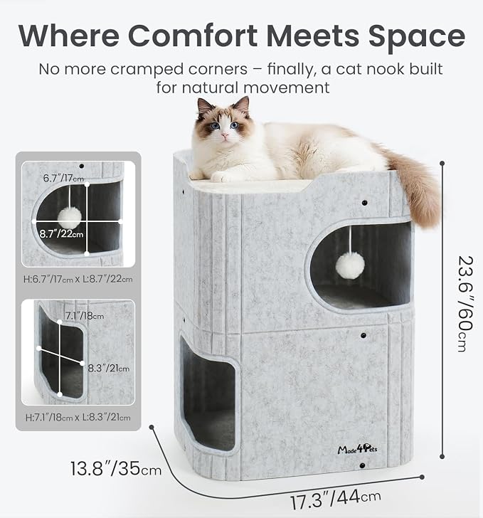 Made4Pets Cat House for Indoor Use, 2-Storey Cube Bed Cave, Covered Hideaway Condo with Scratch-Resistant Felt, Foldable Easy-to-Clean Design for Multi-Cat Homes, Marble White - Image 8