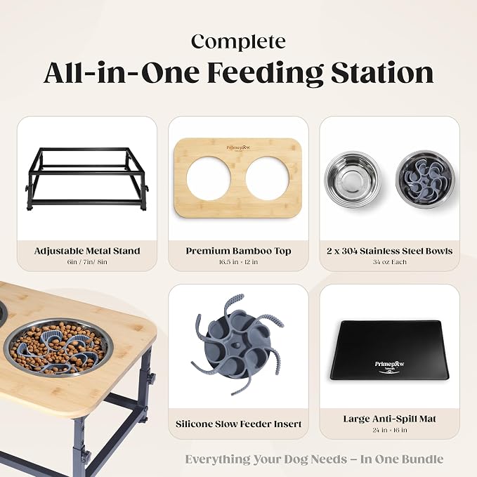 Adjustable Raised Dog Bowls – Elevated Dog Bowl Stand with Bamboo Stand, 2 Stainless Steel Bowls, Slow Feeder Insert & Silicone Mat – Dog Bowls with Stand for Small & Medium Dogs - Image 4