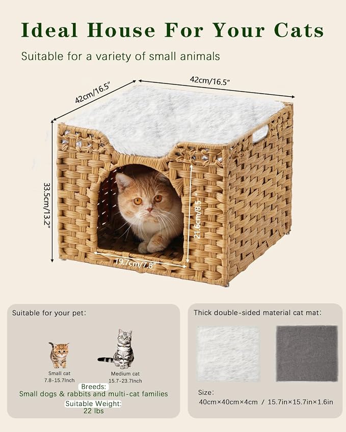 SETVSON Cat Beds Indoor Kitten House, Handwoven Rattan Cat Cave Pet Cube, Large Cat Houses, One Bed Mat, Foldable, Hideaway, 16.5x16.5x13.2 Inches, 2 S-Shaped Hooks in Living Room Bedroom Natural - Image 6